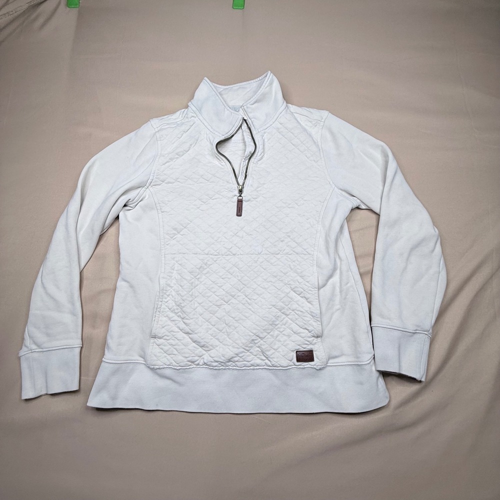 LL Bean Women Cream Quilted Quarter Zip Pullover Sweatshirt Small Pocket